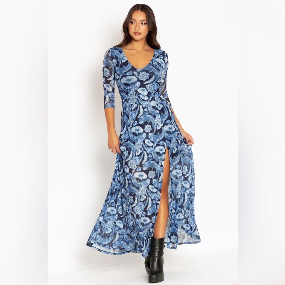 BLACKMILK Koi Pond Blue 3/4 Sleeve Split MAXI DRESS!